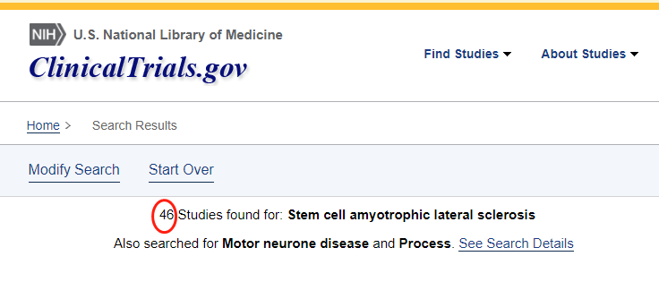 clinicaltrials.gov網站上注冊的有關干細胞治療肌萎縮側索硬化癥的臨床研究項目有46項。