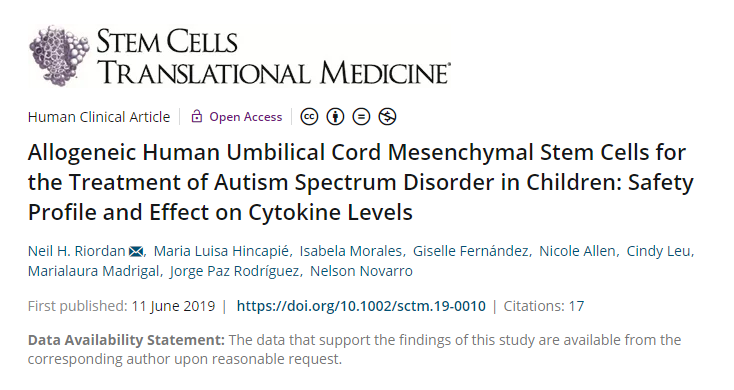 同種異體人臍帶間充質干細胞治療兒童自閉癥譜系障礙:安全性和對細胞因子水平的影響 同種異體人臍帶間充質干細胞治療兒童自閉癥譜系障礙:安全性和對細胞因子水平的影響