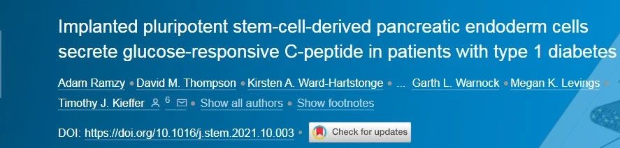 移植的多能干細胞衍生的胰腺內胚層細胞在1型糖尿病患者中分泌葡萄糖響應C肽 移植的多能干細胞衍生的胰腺內胚層細胞在1型糖尿病患者中分泌葡萄糖響應C肽
