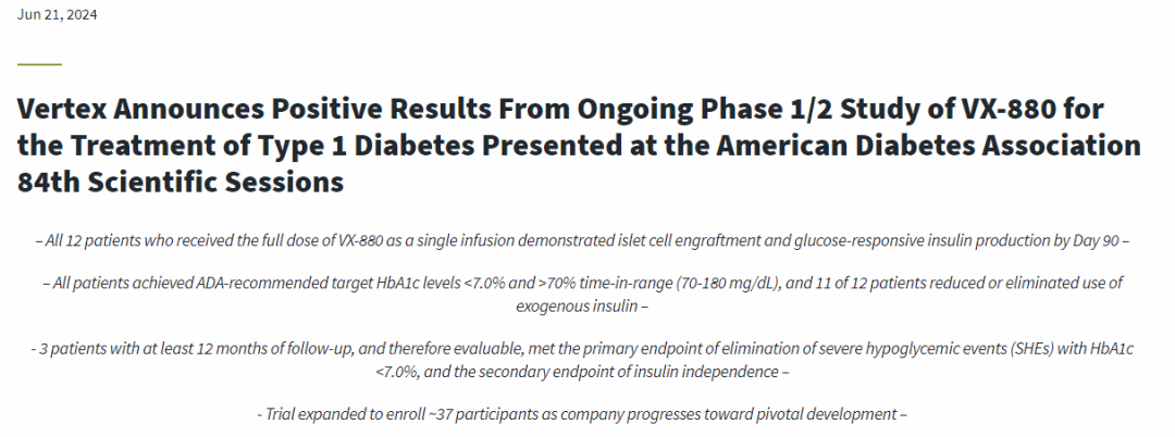 1型糖尿病患者福音！細(xì)胞療法VX-880治療糖尿病Ⅰ/Ⅱ期臨床數(shù)據(jù)亮眼
