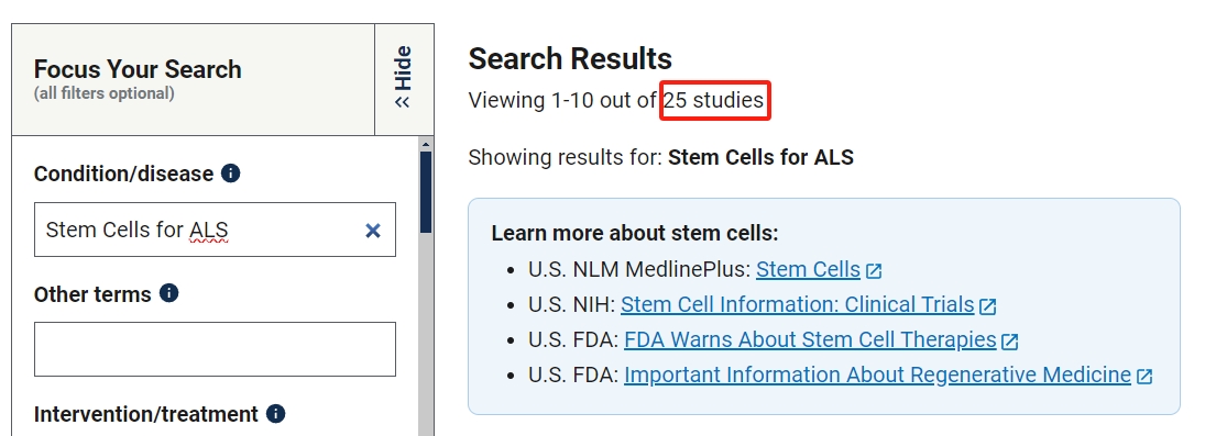 干細胞治療肌萎縮側索硬化癥的臨床研究項目有25項。其中已完成的有8項。 干細胞治療肌萎縮側索硬化癥的臨床研究項目有25項。其中已完成的有8項。