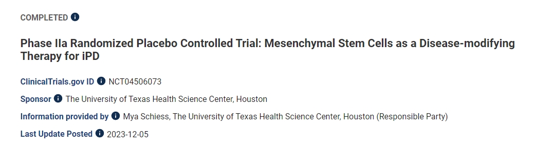 IIa期隨機安慰劑對照試驗：間充質干細胞作為iPD的疾病改良療法