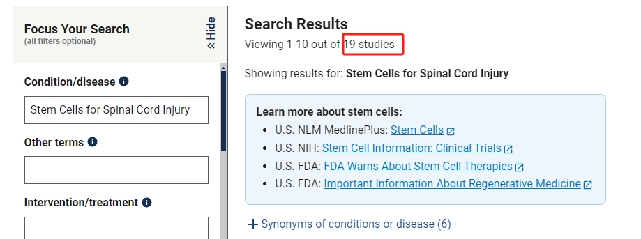 干細(xì)胞治療脊髓損傷臨床研究項目有19項。其中國內(nèi)發(fā)布的占據(jù)2項。 干細(xì)胞治療脊髓損傷臨床研究項目有19項。其中國內(nèi)發(fā)布的占據(jù)2項。