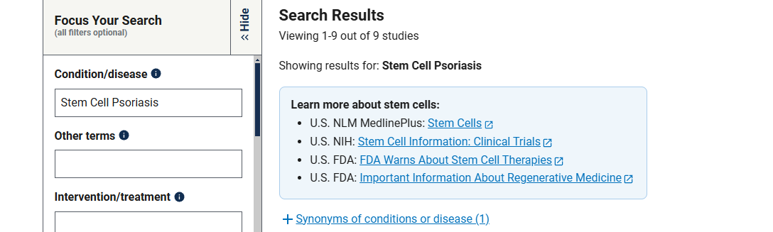 有關(guān)干細(xì)胞治療銀屑病臨床研究項(xiàng)目有9項(xiàng),已完成的有4項(xiàng)。 有關(guān)干細(xì)胞治療銀屑病臨床研究項(xiàng)目有9項(xiàng),已完成的有4項(xiàng)。