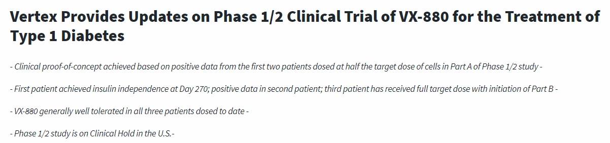 Vertex公布VX-880治療1型糖尿病的1/2期臨床試驗最新進展 Vertex公布VX-880治療1型糖尿病的1/2期臨床試驗最新進展