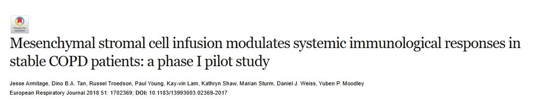 《間充質(zhì)基質(zhì)細(xì)胞輸注調(diào)節(jié)穩(wěn)定期 COPD 患者的全身免疫反應(yīng):一項(xiàng) I 期試點(diǎn)研究》 《間充質(zhì)基質(zhì)細(xì)胞輸注調(diào)節(jié)穩(wěn)定期 COPD 患者的全身免疫反應(yīng):一項(xiàng) I 期試點(diǎn)研究》