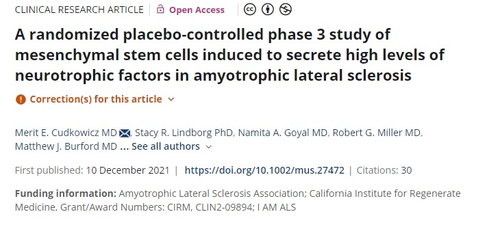 一項關于誘導間充質干細胞分泌高水平神經營養因子治療肌萎縮側索硬化癥的隨機安慰劑對照 3 期研究 一項關于誘導間充質干細胞分泌高水平神經營養因子治療肌萎縮側索硬化癥的隨機安慰劑對照 3 期研究