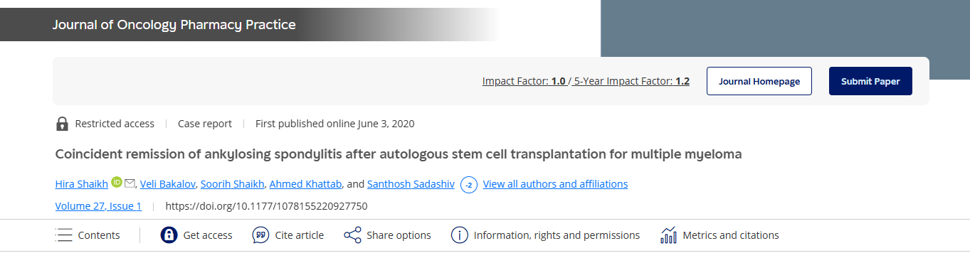 《自體干細胞移植治療多發性骨髓瘤后強直性脊柱炎同時緩解》 《自體干細胞移植治療多發性骨髓瘤后強直性脊柱炎同時緩解》