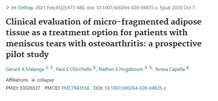微碎屑脂肪組織作為半月板撕裂伴骨關節炎患者的治療選擇的臨床評價一項前瞻性試點研究 微碎屑脂肪組織作為半月板撕裂伴骨關節炎患者的治療選擇的臨床評價一項前瞻性試點研究