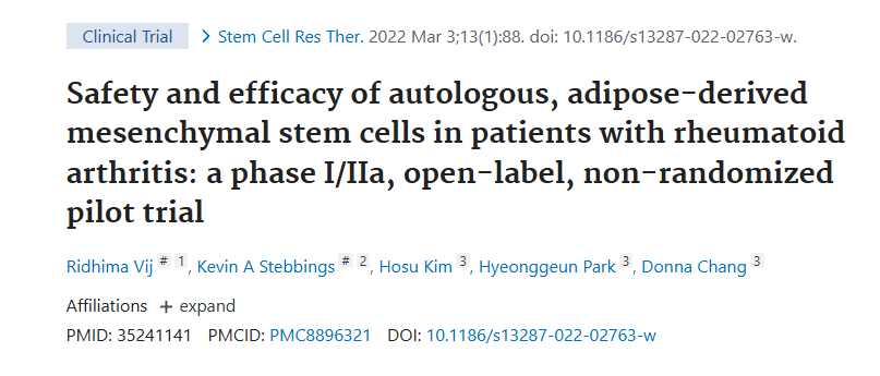 《自體脂肪間充質干細胞治療類風濕關節炎患者的安全性和有效性:一項 I/IIa 期、開放標簽、非隨機試點試驗》 《自體脂肪間充質干細胞治療類風濕關節炎患者的安全性和有效性:一項 I/IIa 期、開放標簽、非隨機試點試驗》