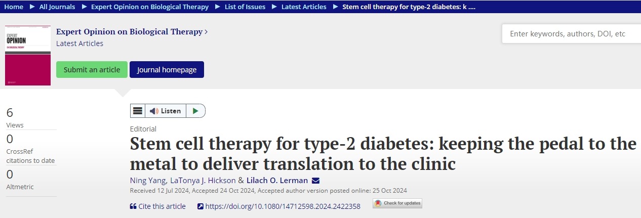 干細胞治療2型糖尿病：“我們”將全力以赴，把成果轉化為臨床治療