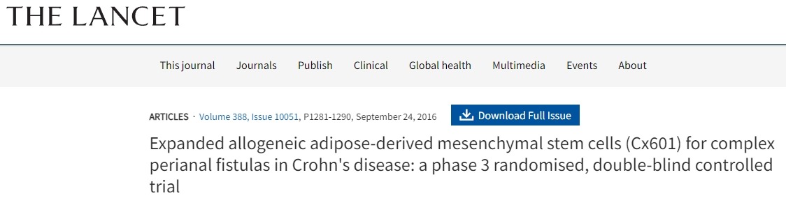 擴增同種異體脂肪間充質干細胞(Cx601)治療克羅恩病復雜肛周瘺:一項3期隨機雙盲對照試驗 擴增同種異體脂肪間充質干細胞(Cx601)治療克羅恩病復雜肛周瘺:一項3期隨機雙盲對照試驗