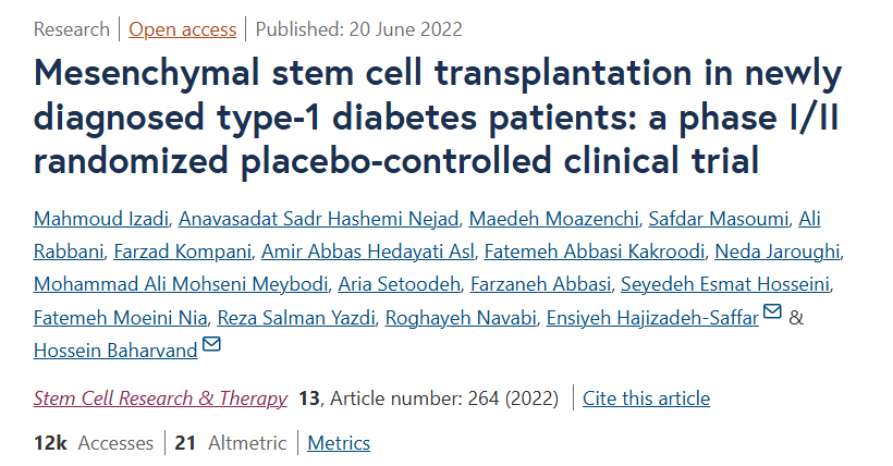 新診斷的 1 型糖尿病患者的間充質干細胞移植:一項 I/II 期隨機安慰劑對照臨床試驗 新診斷的 1 型糖尿病患者的間充質干細胞移植:一項 I/II 期隨機安慰劑對照臨床試驗