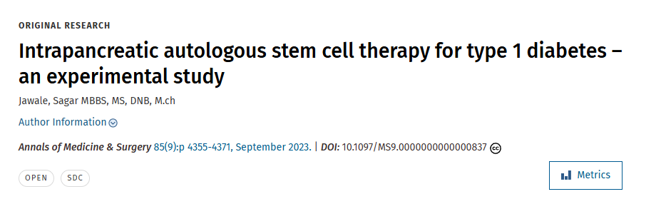 胰腺內自體干細胞治療 1 型糖尿病——一項實驗研究 胰腺內自體干細胞治療 1 型糖尿病——一項實驗研究