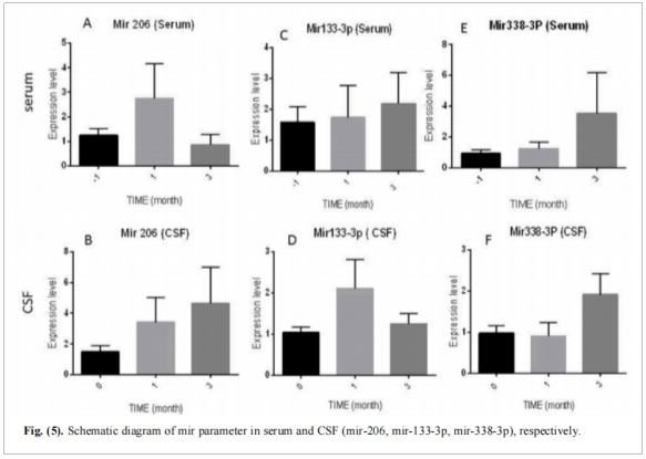 圖3:血清和腦脊液中miRNA參數(shù)的示意圖(mir-206、mir-133-3p、mir-338-3p) 圖3:血清和腦脊液中miRNA參數(shù)的示意圖(mir-206、mir-133-3p、mir-338-3p)