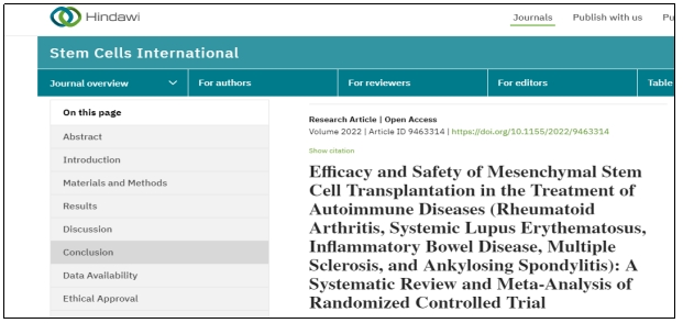 間充質(zhì)干細(xì)胞移植治療自身免疫性疾病（類風(fēng)濕關(guān)節(jié)炎、系統(tǒng)性紅斑狼瘡、炎癥性腸病、多發(fā)性硬化癥和強直性脊柱炎）的療效和安全性：隨機對照試驗的系統(tǒng)綜述和薈萃分析