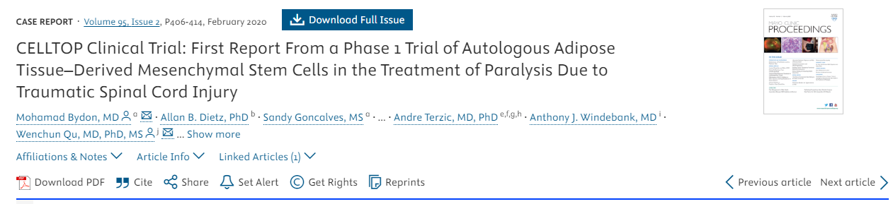 CELLTOP臨床試驗:自體脂肪組織來源的間充質干細胞治療創傷性脊髓損傷所致癱瘓的1期臨床試驗首份報告 CELLTOP臨床試驗:自體脂肪組織來源的間充質干細胞治療創傷性脊髓損傷所致癱瘓的1期臨床試驗首份報告
